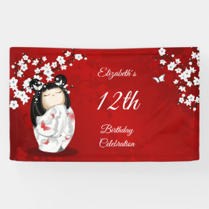 Kokeshi Doll Cherry Blossom Red   Girl´s Birthday Banner