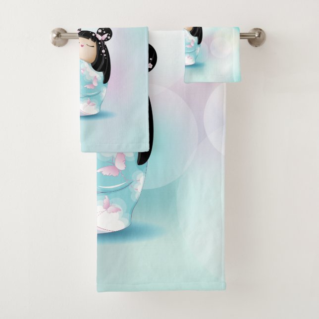 Kokeshi Doll Cherry Blossom Turquoise Girls Hand T Bath Towel Set (Insitu)