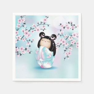 Kokeshi Doll Cherry Blossom Turquoise Pink Napkin
