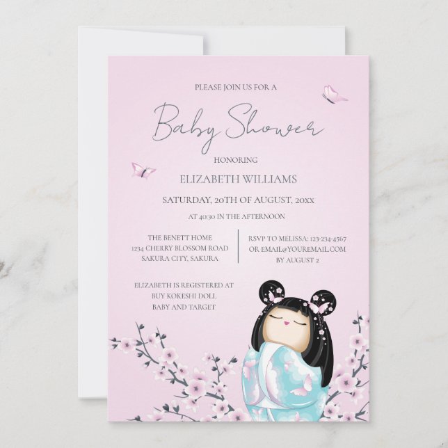 Kokeshi Doll Cherry Blossoms Baby Shower Invitation (Front)