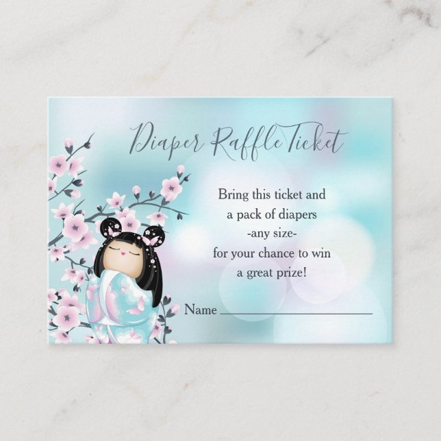 Kokeshi Doll Cherry Blossoms  Diaper Raffle Ticket Enclosure Card (Front)