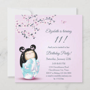 Kokeshi Doll Cherry Blossoms Girl´s Birthday Invitation