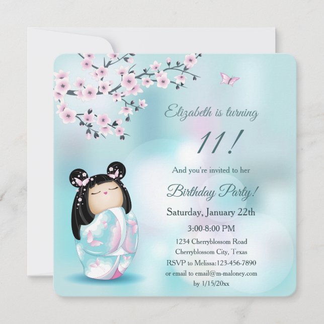 Kokeshi Doll Cherry Blossoms Girl´s Birthday Invitation (Front)