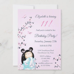 Kokeshi Doll Cherry Blossoms Girl´s Birthday Invitation
