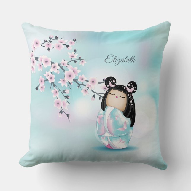 Kokeshi Doll Cherry Blossoms Monogram Throw Pillow (Front)