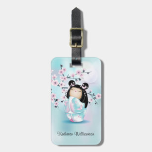 Kokeshi Doll Cherry Blossoms Pink Turquoise Luggage Tag