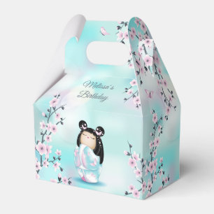 Kokeshi Doll Cherry Blossoms Turquoise Favour Box