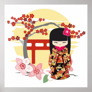 Kokeshi Doll Floral Kimono Poster