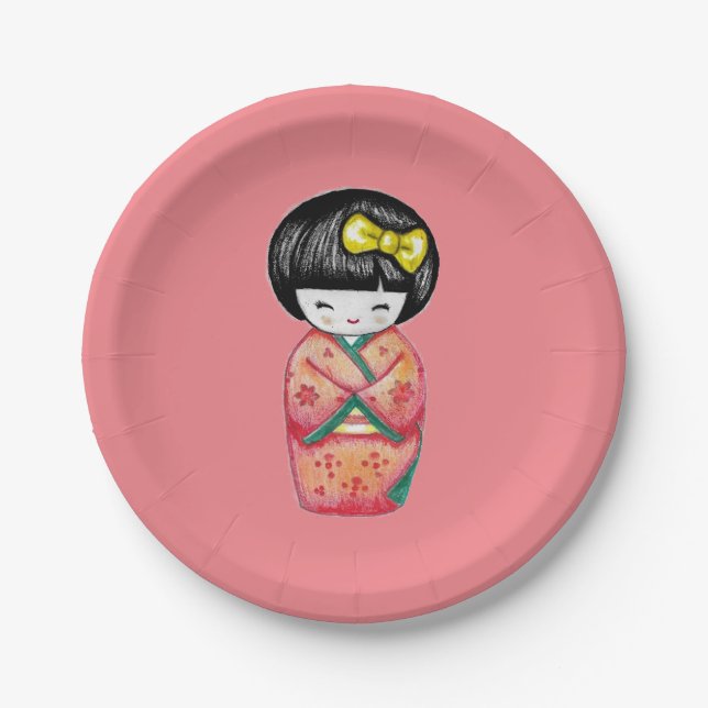 Kokeshi Doll - Kimono Geisha Girl  Paper Plate (Front)