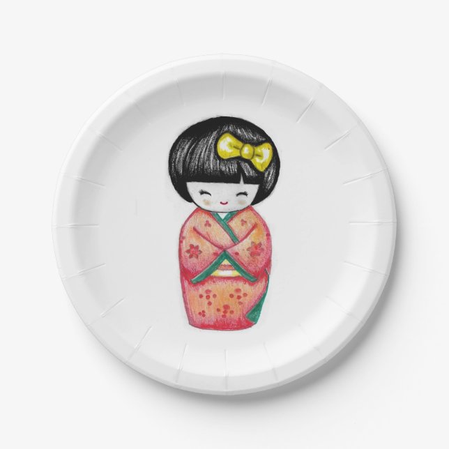 Kokeshi Doll - Kimono Geisha Girl Paper Plate (Front)