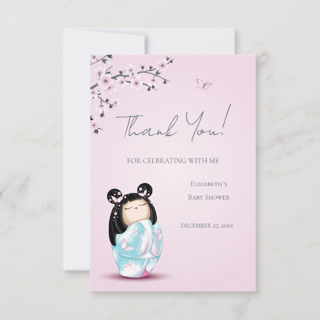 Kokeshi Doll Pink Girl Baby Shower Thank You Card (Front)
