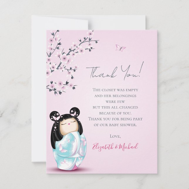 Kokeshi Doll Pink Girl Baby Shower Thank You Card (Front)