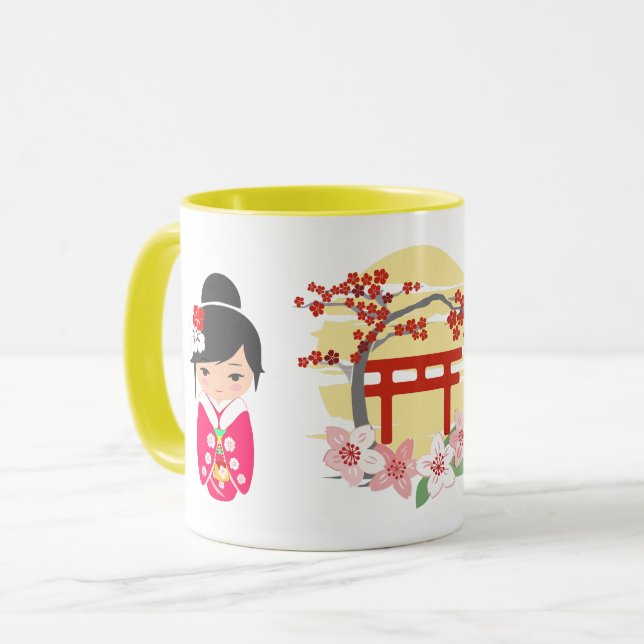 Kokeshi Doll Pink Kimono Mug (Front Left)