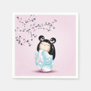 Kokeshi Doll Pink Turquoise Girls Birthday Napkin