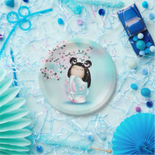 Kokeshi Doll Pink Turquoise Girls Birthday  Paper Plate