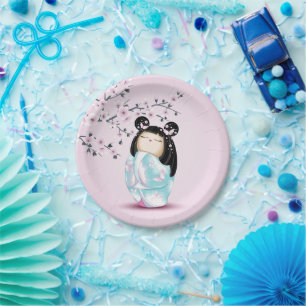 Kokeshi Doll Pink Turquoise Girls Birthday Paper Plate