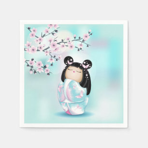 Kokeshi Doll Pink Turquoise Girls Napkin