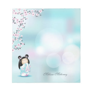 Kokeshi Doll Pink Turquoise  Monogram  Notepad