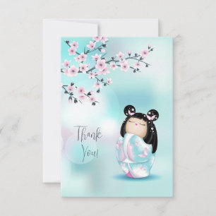 Kokeshi Doll Pink Turquoise Thank You  Card