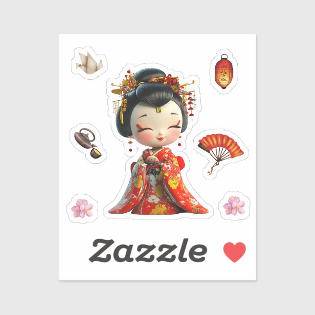 Kokeshi Doll Red and Gold, Geisha Stickers (Sheet)