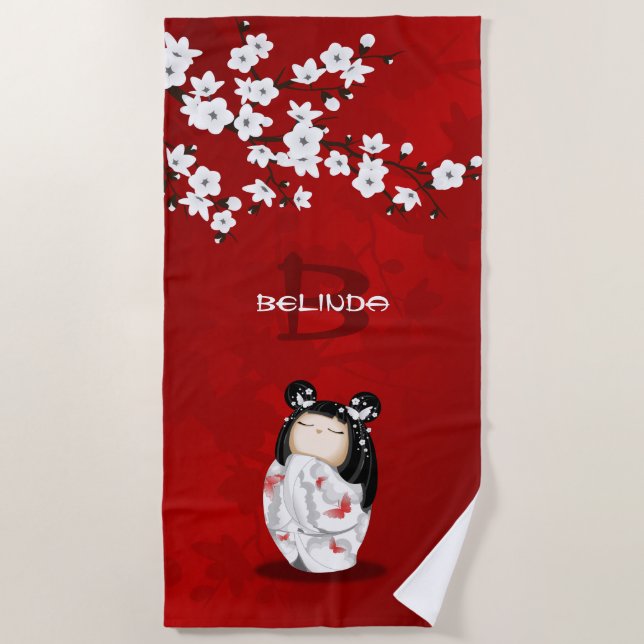 Kokeshi Doll Red Black And White Cherry Blossom  Beach Towel (Front)