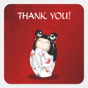 Kokeshi Doll Red Black And White Thank You Square Sticker