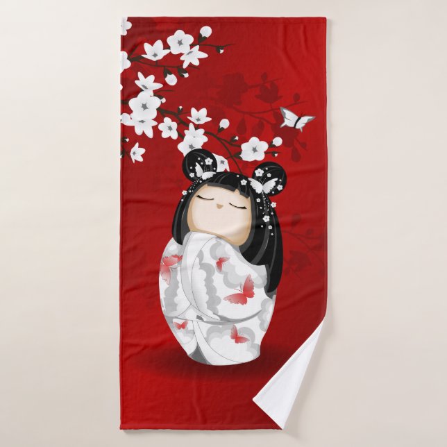 Kokeshi Doll Red Black White Cherry Blossoms Bath Towel (Bath Towel)