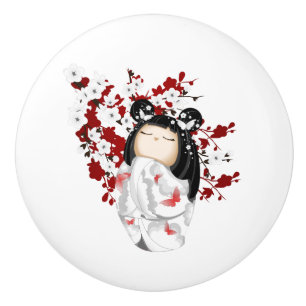 Kokeshi Doll Red Black White Cherry Blossoms Cera Ceramic Knob