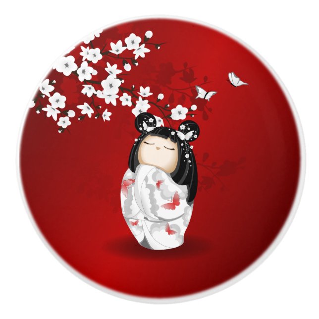 Kokeshi Doll Red Black White Cherry Blossoms Ceramic Knob (Front)