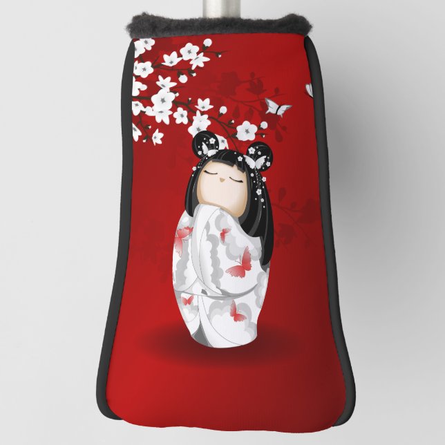 Kokeshi Doll Red Black White Cherry Blossoms Golf Head Cover (Rotate 90)