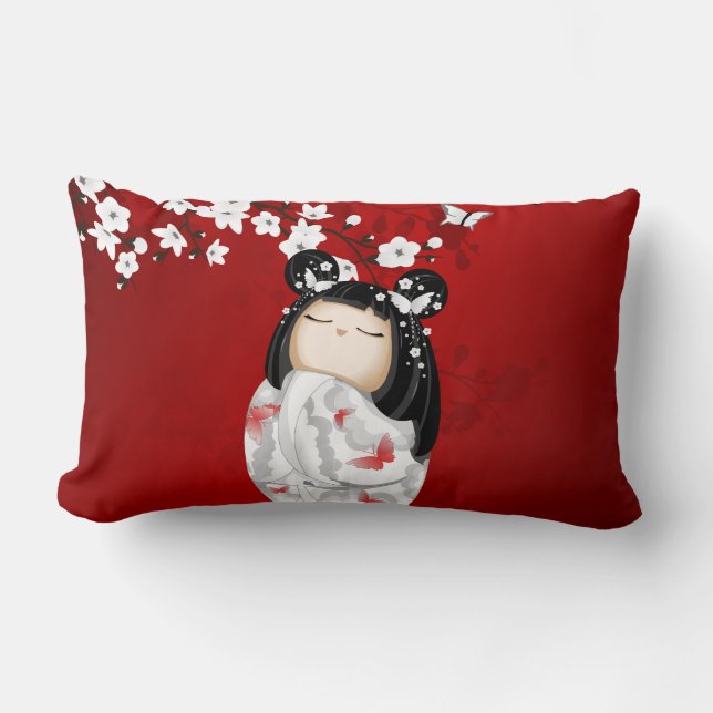 Kokeshi Doll Red Black White Cherry Blossoms Lumbar Cushion (Front)
