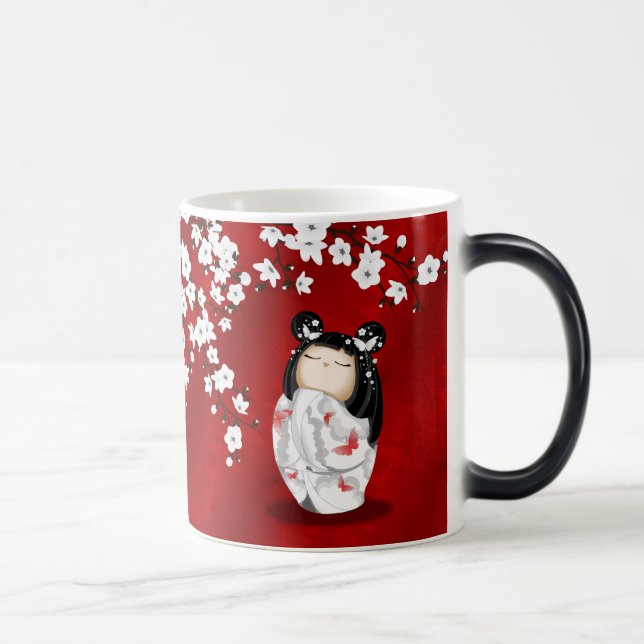 Kokeshi Doll Red Black White Cherry Blossoms  Magic Mug (Right)