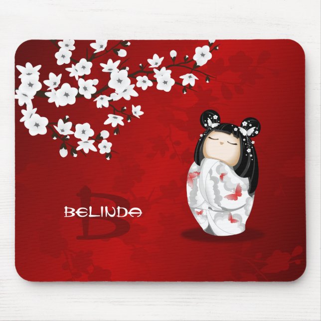 Kokeshi Doll Red Black White Cherry Blossoms  Mouse Mat (Front)