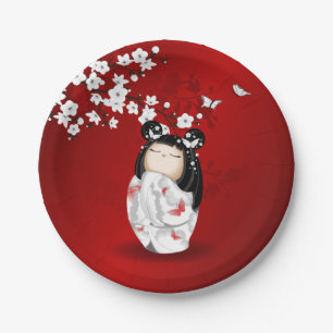 Kokeshi Doll Red Black White Cherry Blossoms Paper Plate