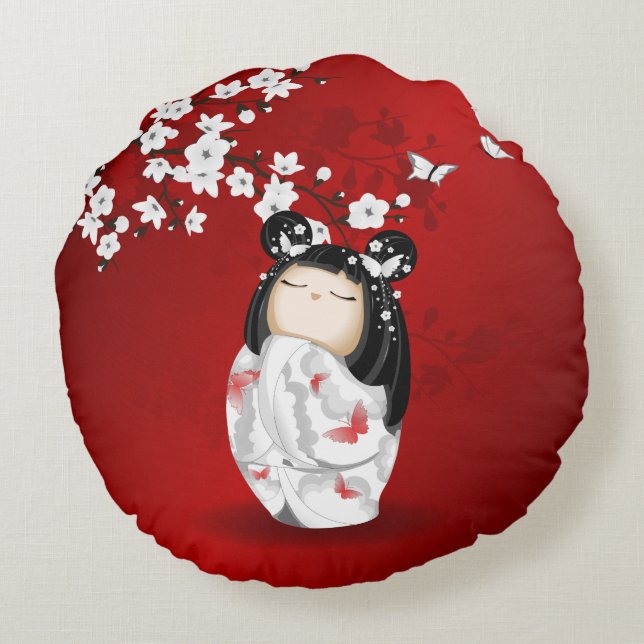 Kokeshi Doll Red Black White Cherry Blossoms Round Cushion (Back)