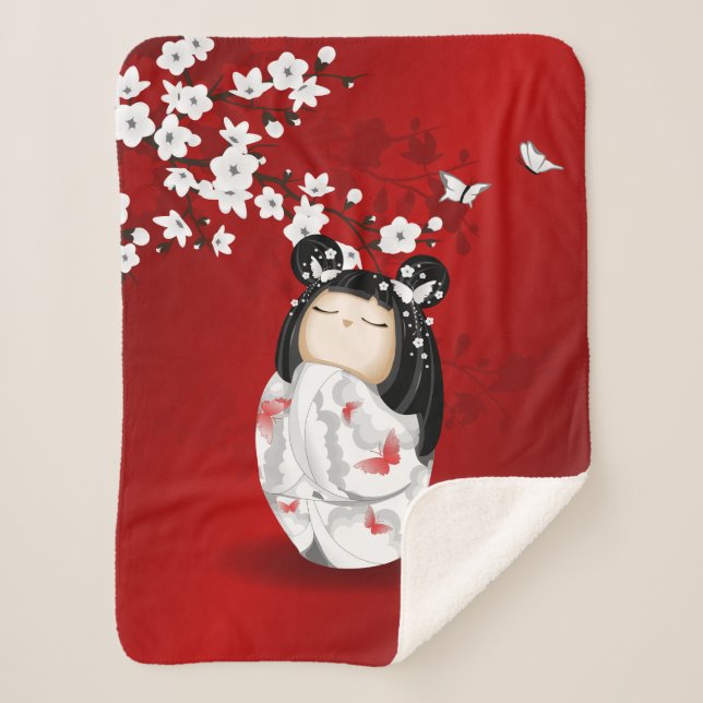 Kokeshi Doll Red Black White Cherry Blossoms Sherpa Blanket (Front)