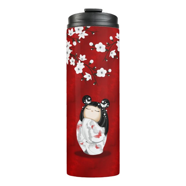 Kokeshi Doll Red Black White Cherry Blossoms   Thermal Tumbler (Front)