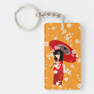 Kokeshi Doll Red Umbrella Key Ring