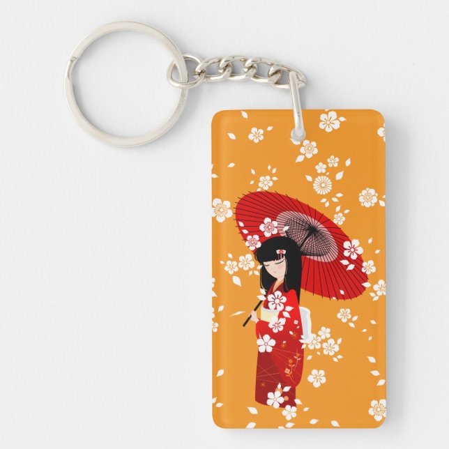 Kokeshi Doll Red Umbrella Key Ring (Front)