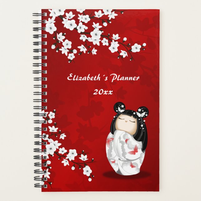 Kokeshi Doll Red  White Cherry Blossom Your Name  Planner (Front)