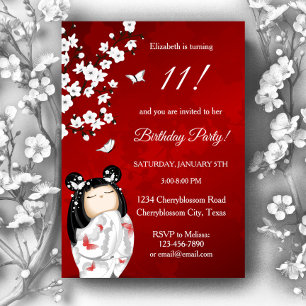 Kokeshi Doll Red White   Girl´s Birthday Invitation