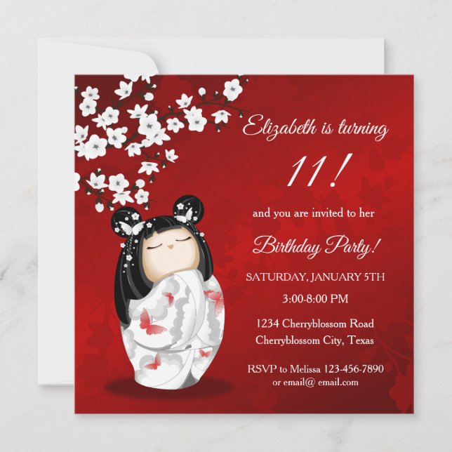 Kokeshi Doll Red White | Girl´s Birthday Invitation (Front)