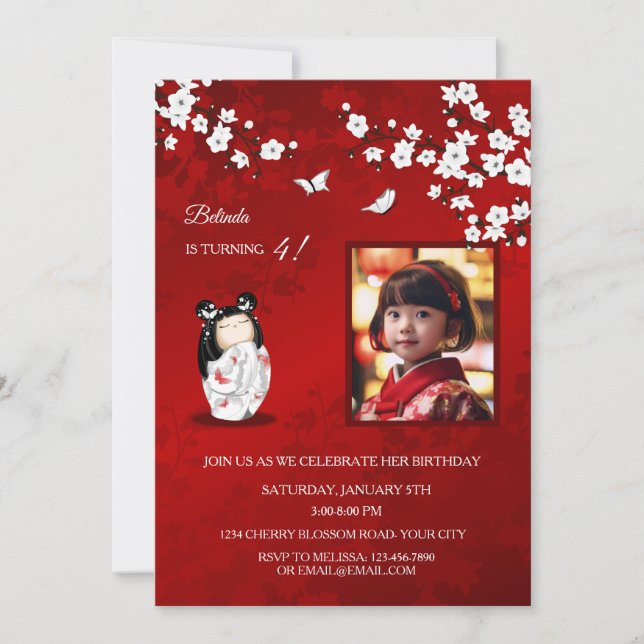 Kokeshi Doll Red White | `Photo Girl's Birthday Invitation (Front)