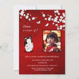 Kokeshi Doll Red White   `Photo Girl's Birthday Invitation