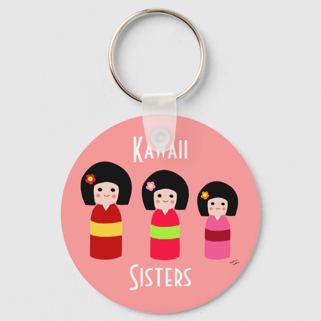 Kokeshi Doll Sisters Cartoon Key Ring (Front)