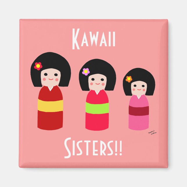Kokeshi Doll Sisters Cartoon Magnet (Front)