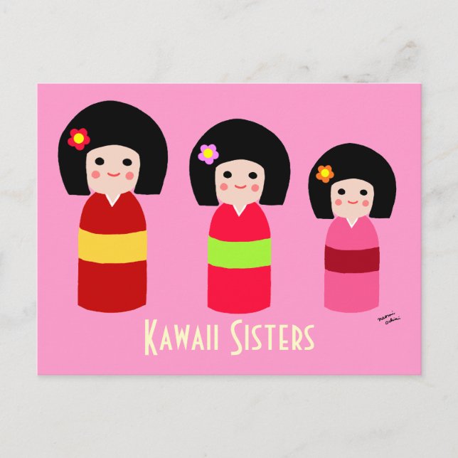 Kokeshi Doll Sisters Cartoon Postcard (Front)
