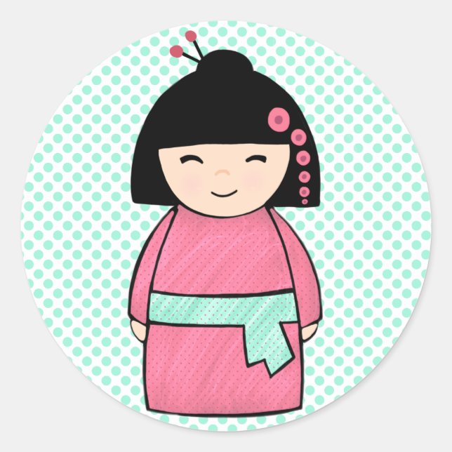 Kokeshi Doll Sticker, Glossy, 3 inch (sheet of 6) Classic Round Sticker (Front)