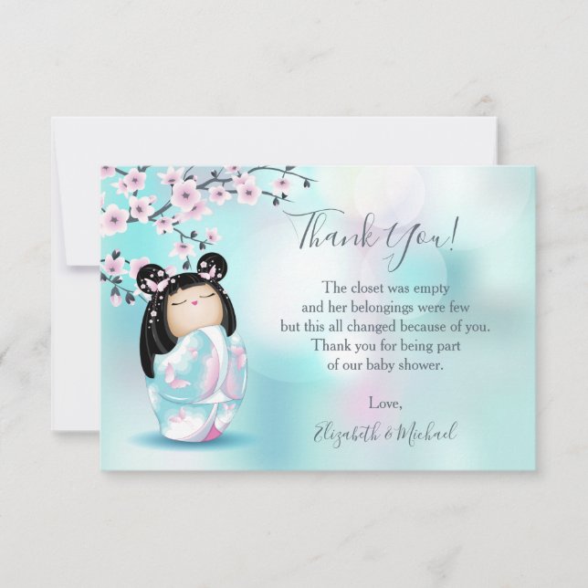 Kokeshi Doll Turquoise Girl Baby Shower  Thank You Card (Front)