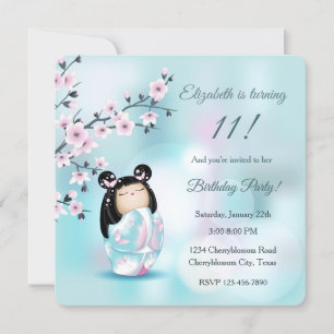 Kokeshi Doll Turquoise Girl´s Birthday Invitation